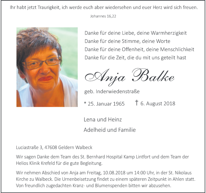  Traueranzeige für Anja Balke vom 08.08.2018 aus Rheinische Post