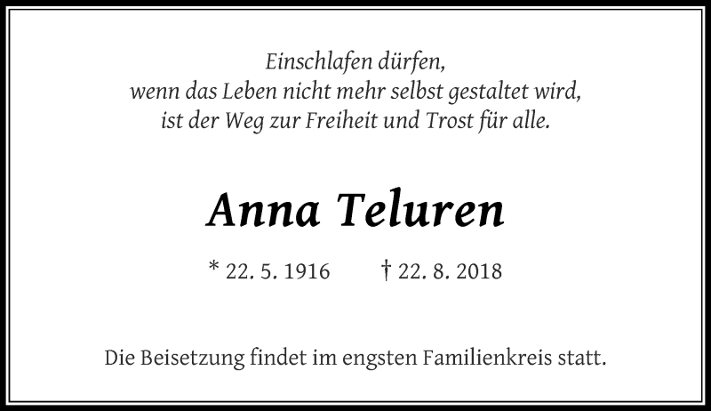  Traueranzeige für Anna Teluren vom 25.08.2018 aus Rheinische Post