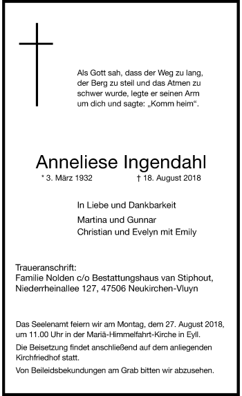 Traueranzeige von Anneliese Ingendahl von Rheinische Post