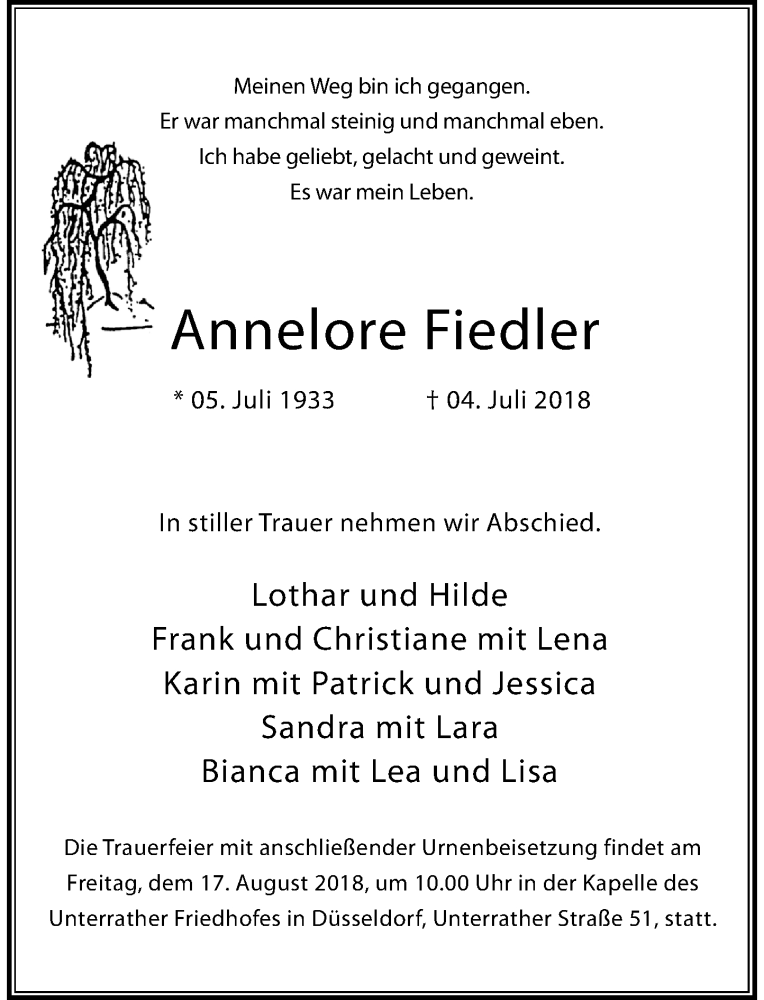  Traueranzeige für Annelore Fiedler vom 04.08.2018 aus Rheinische Post