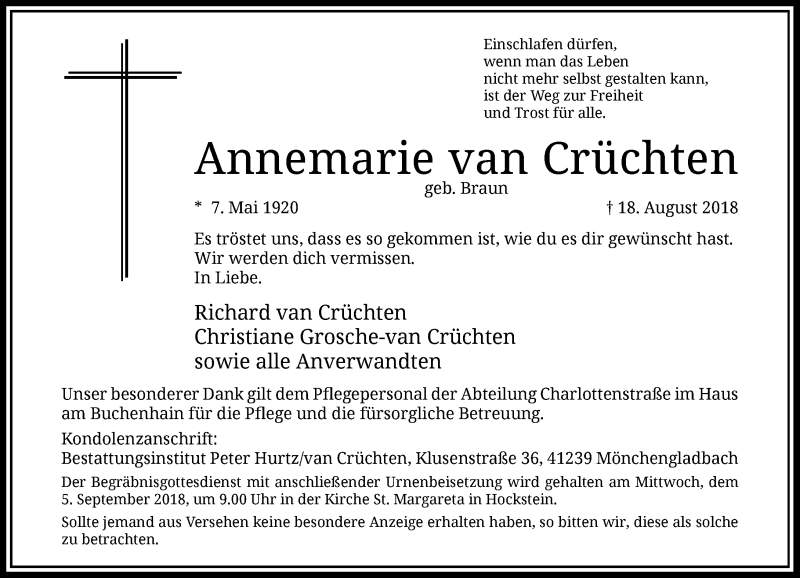  Traueranzeige für Annemarie van Crüchten vom 01.09.2018 aus Rheinische Post