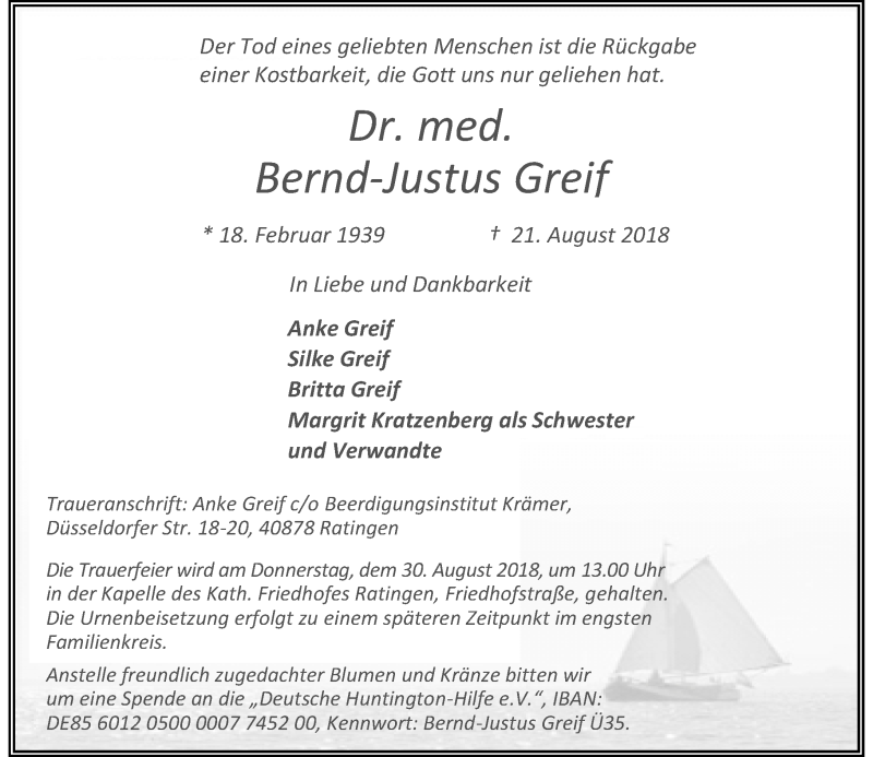  Traueranzeige für Bernd-Justus Greif vom 25.08.2018 aus Rheinische Post