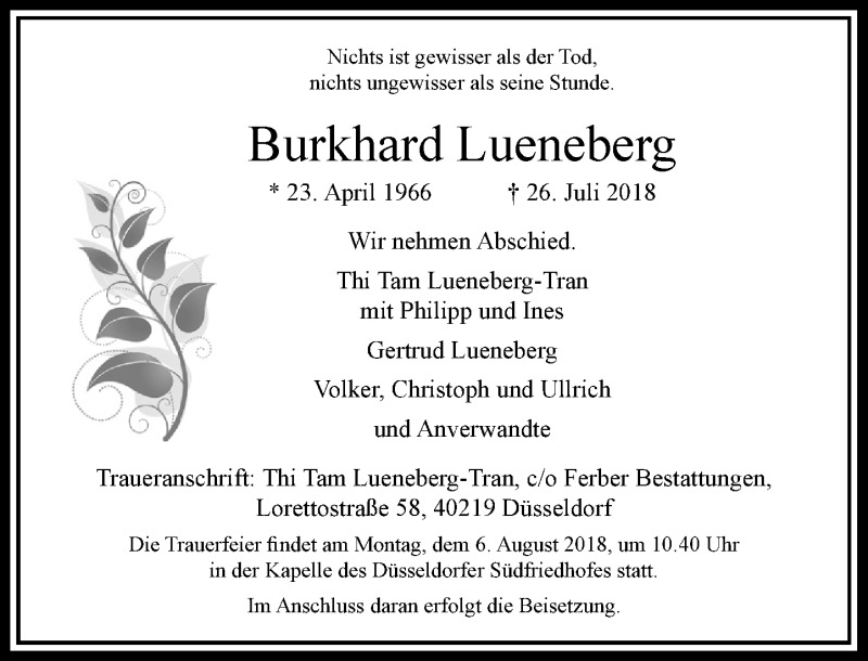  Traueranzeige für Burkhard Lueneberg vom 04.08.2018 aus Rheinische Post