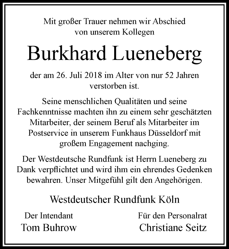  Traueranzeige für Burkhard Lueneberg vom 11.08.2018 aus Rheinische Post
