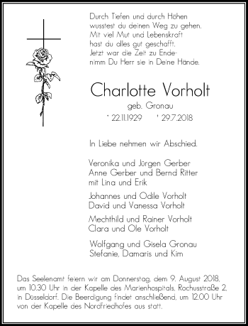 Todesanzeige von Charlotte Vorholt von Rheinische Post