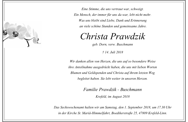  Traueranzeige für Christa Prawdzik vom 25.08.2018 aus Rheinische Post