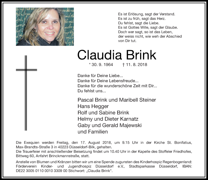  Traueranzeige für Claudia Brink vom 15.08.2018 aus Rheinische Post