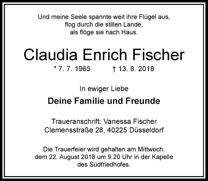  Traueranzeige für Claudia Enrich Fischer vom 18.08.2018 aus Rheinische Post