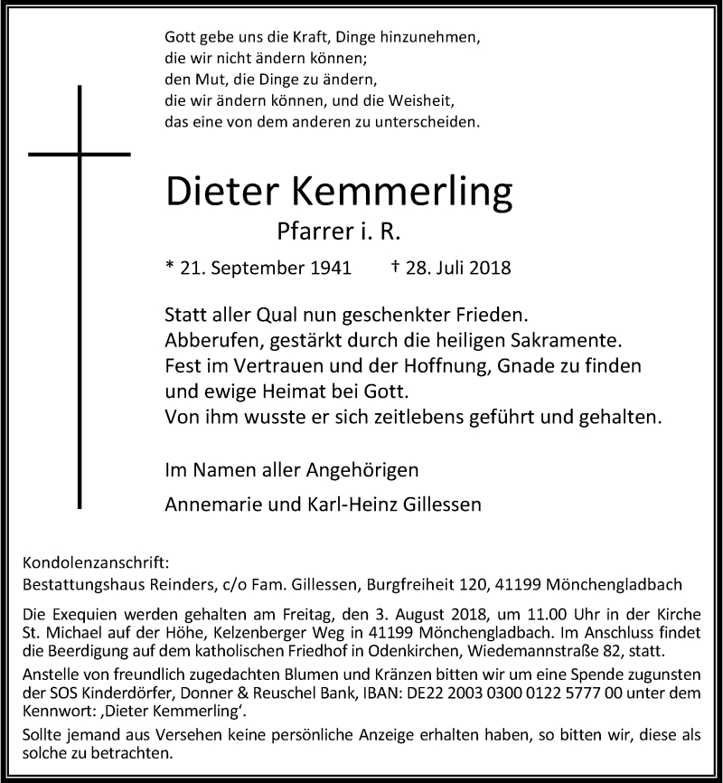  Traueranzeige für Dieter Kemmerling vom 01.08.2018 aus Rheinische Post