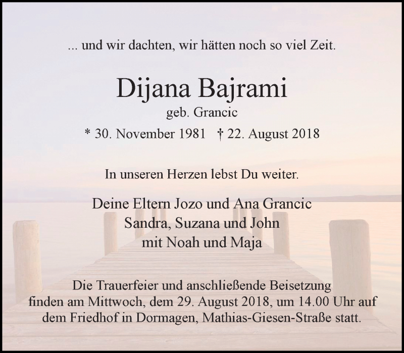  Traueranzeige für Dijana Bajrami vom 27.08.2018 aus Rheinische Post