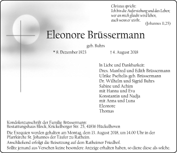 Traueranzeige von Eleonore Brüssermann von Rheinische Post