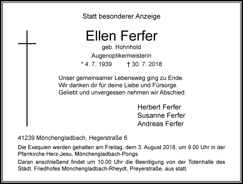  Traueranzeige für Ellen Ferfer vom 01.08.2018 aus Rheinische Post