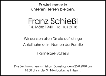 Traueranzeige von Franz Schießl von Rheinische Post