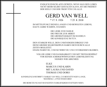 Traueranzeige von Gerd van Well von Rheinische Post