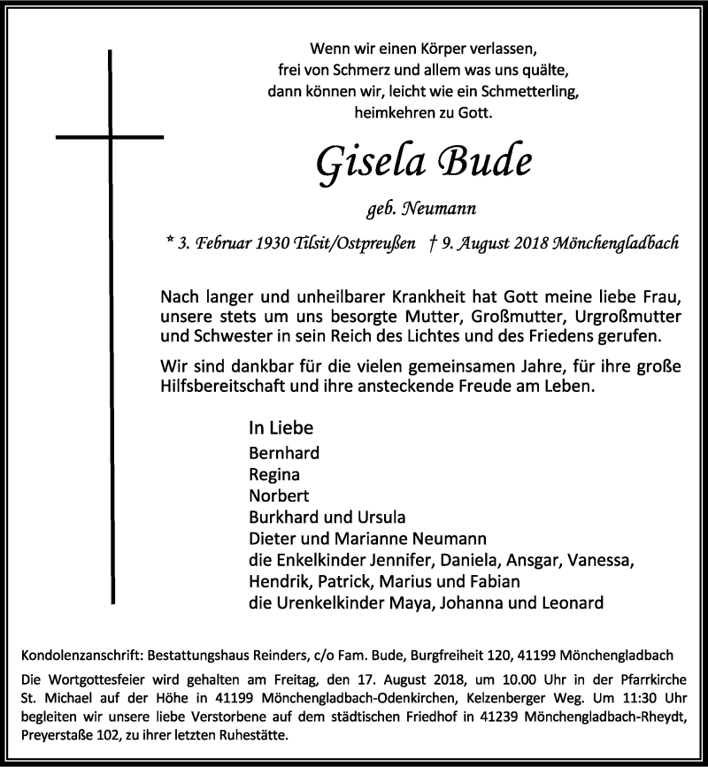  Traueranzeige für Gisela Bude vom 11.08.2018 aus Rheinische Post