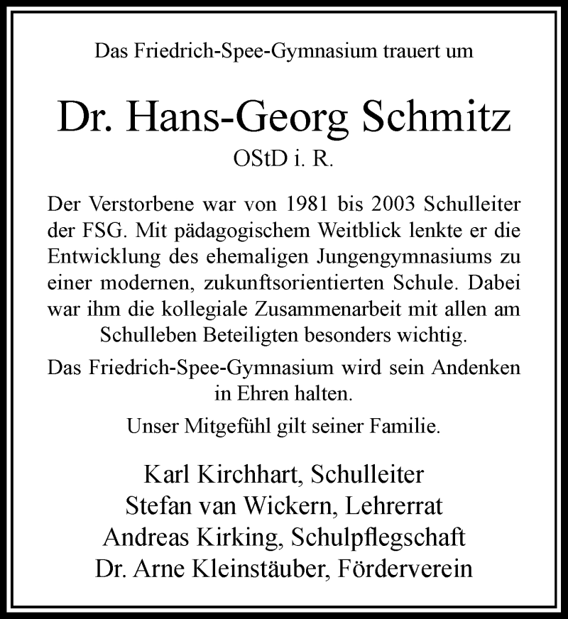  Traueranzeige für Hans-Georg Schmitz vom 13.08.2018 aus Rheinische Post