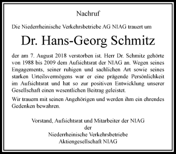 Traueranzeige von Hans-Georg Schmitz von Rheinische Post