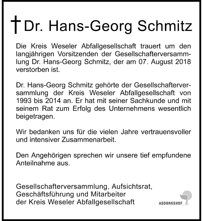  Traueranzeige für Hans-Georg Schmitz vom 11.08.2018 aus Rheinische Post