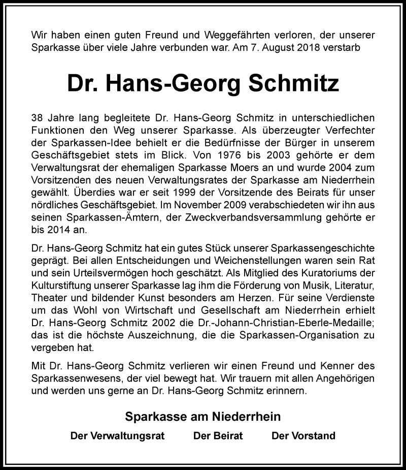  Traueranzeige für Hans-Georg Schmitz vom 11.08.2018 aus Rheinische Post