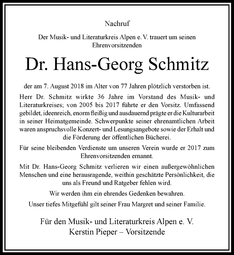  Traueranzeige für Hans-Georg Schmitz vom 11.08.2018 aus Rheinische Post