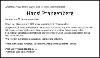 Traueranzeige von Hansi Prangenberg von Rheinische Post
