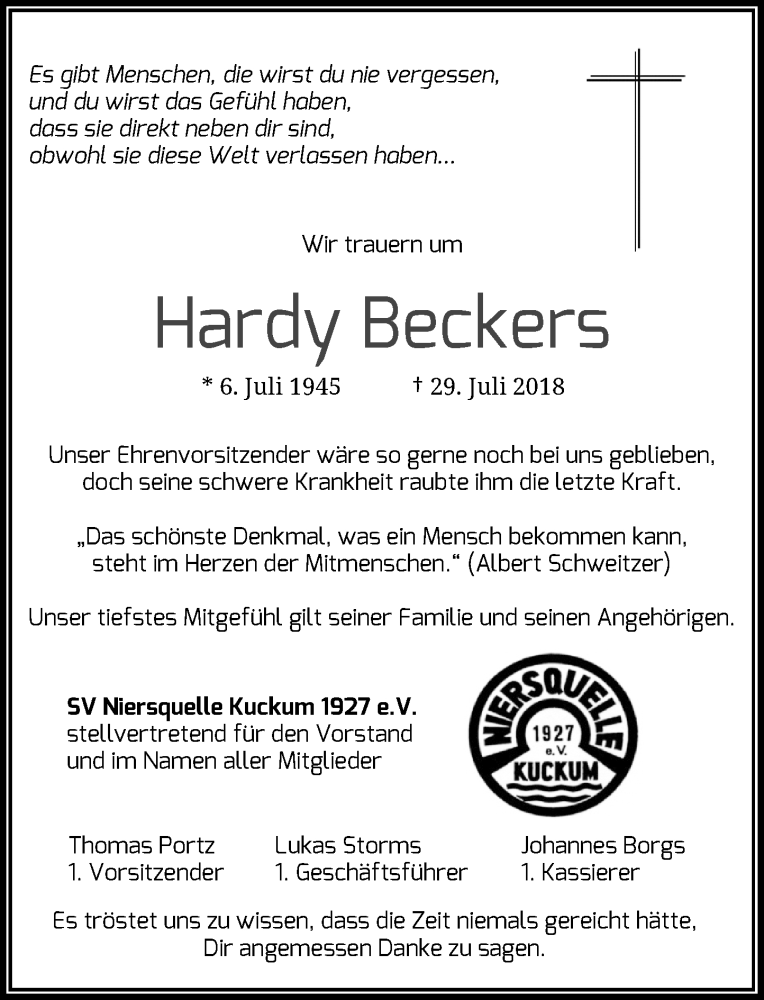  Traueranzeige für Hardy Beckers vom 04.08.2018 aus Rheinische Post