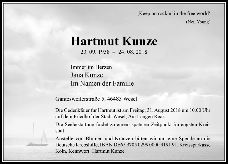  Traueranzeige für Hartmut Kunze vom 28.08.2018 aus Rheinische Post