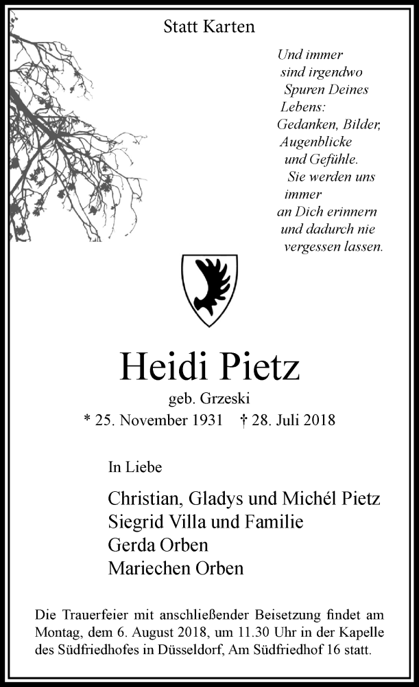  Traueranzeige für Heidi Pietz vom 01.08.2018 aus Rheinische Post