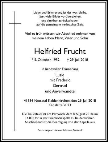 Traueranzeige von Helfried Frucht von Rheinische Post