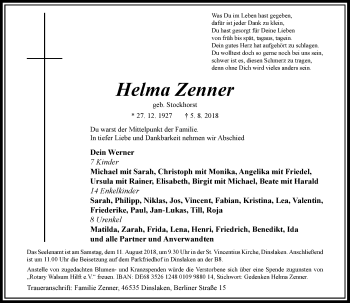 Traueranzeige von Helma Zenner von Rheinische Post