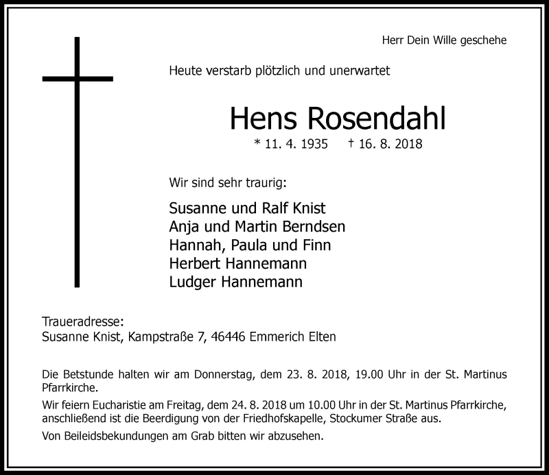  Traueranzeige für Hens Rosendahl vom 18.08.2018 aus Rheinische Post