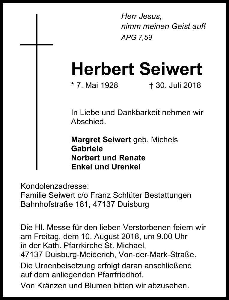  Traueranzeige für Herbert Seiwert vom 04.08.2018 aus Rheinische Post