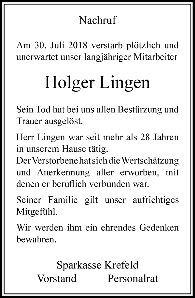  Traueranzeige für Holger Lingen vom 14.08.2018 aus Rheinische Post