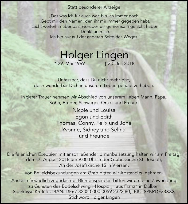  Traueranzeige für Holger Lingen vom 11.08.2018 aus Rheinische Post