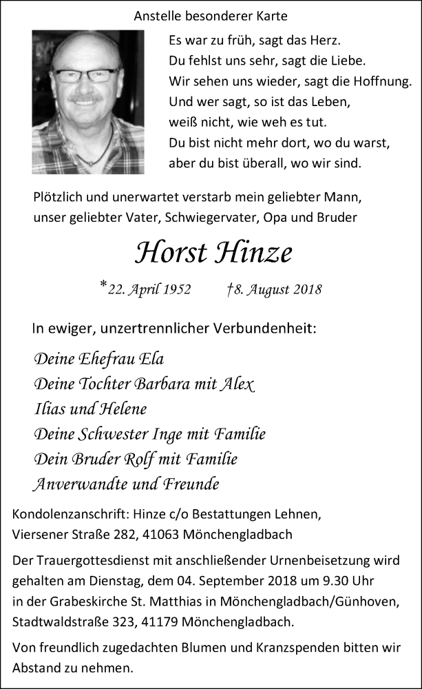  Traueranzeige für Horst Hinze vom 18.08.2018 aus Rheinische Post