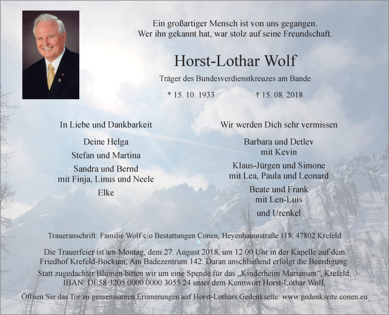  Traueranzeige für Horst-Lothar Wolf vom 22.08.2018 aus Rheinische Post