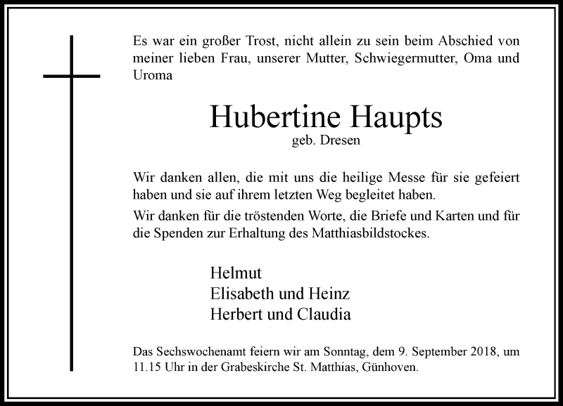  Traueranzeige für Hubertine Haupts vom 01.09.2018 aus Rheinische Post