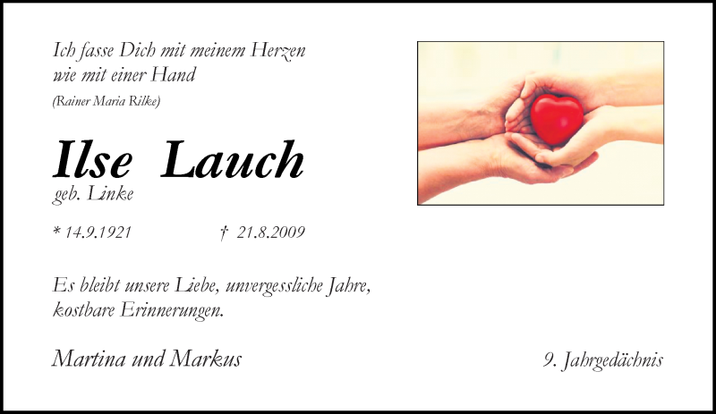  Traueranzeige für Ilse Lauch vom 22.08.2018 aus Rheinische Post