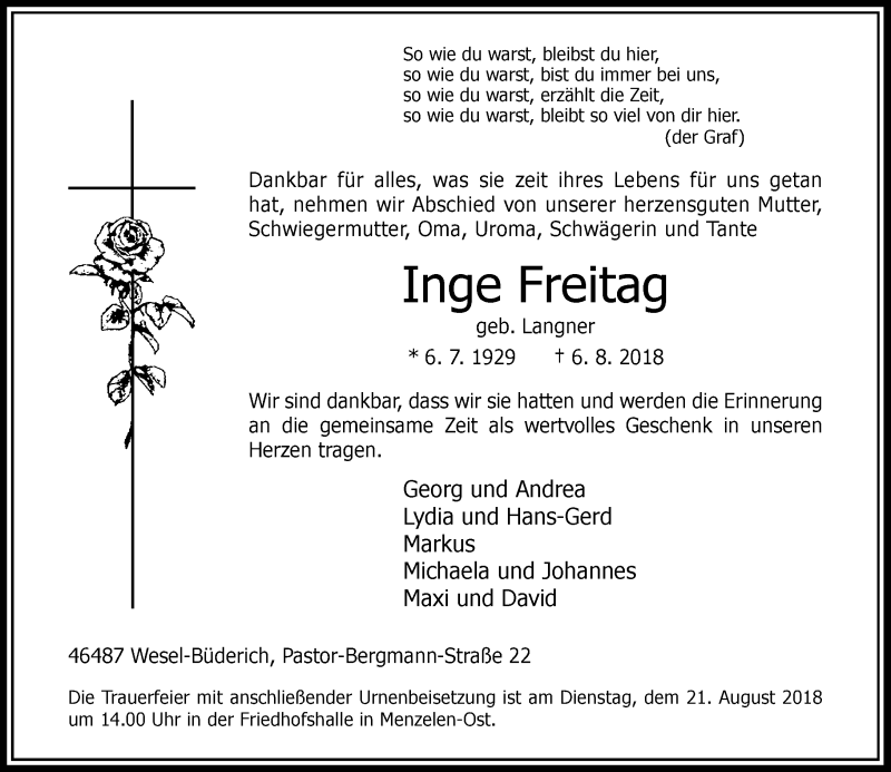  Traueranzeige für Inge Freitag vom 16.08.2018 aus Rheinische Post