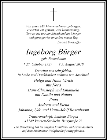 Traueranzeige von Ingeborg Bürger von Rheinische Post