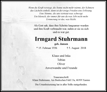 Traueranzeige von Irmgard Stuhrmann von Rheinische Post