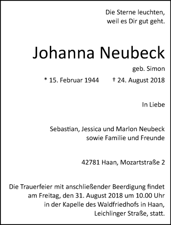 Traueranzeige von Johanna Neubeck von Rheinische Post