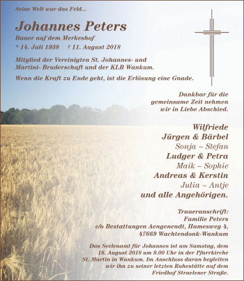 Traueranzeige von Johannes Peters von Rheinische Post