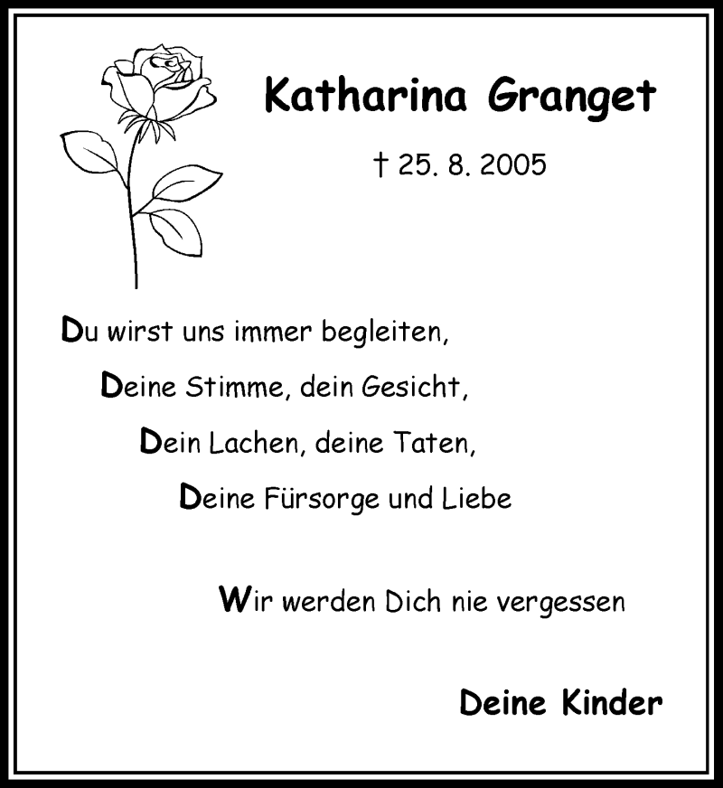 Traueranzeige für Katharina Granget vom 25.08.2018 aus Rheinische Post