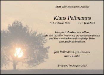 Traueranzeige von Klaus Pollmanns von Rheinische Post