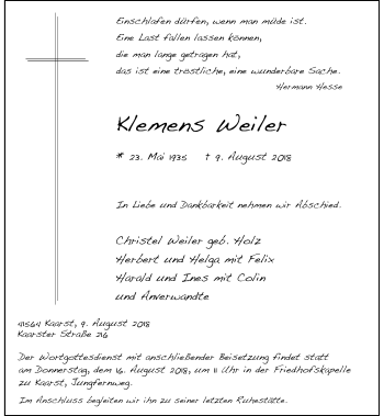 Todesanzeige von Klemens Weiler von Rheinische Post