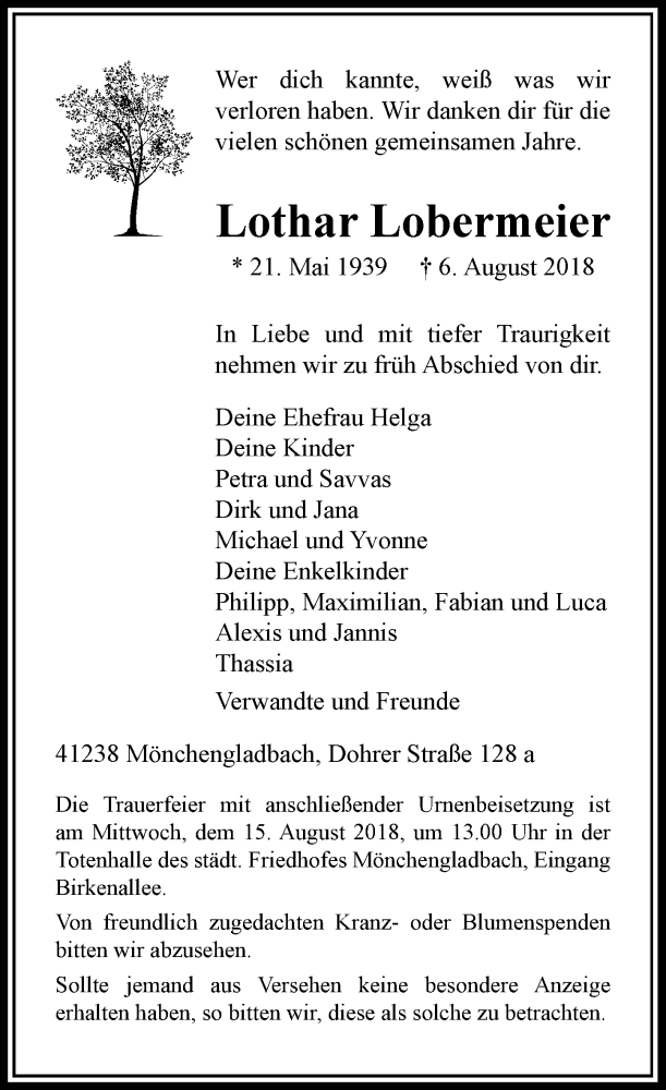  Traueranzeige für Lothar Lobermeier vom 11.08.2018 aus Rheinische Post