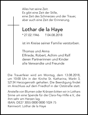 Traueranzeige von Lothar de la Haye von Rheinische Post