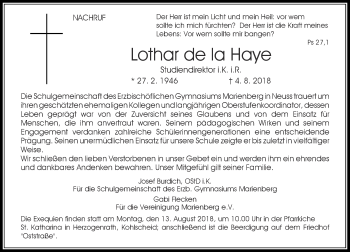 Traueranzeige von Lothar de la Haye von Rheinische Post