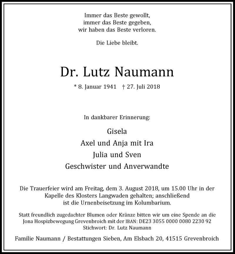  Traueranzeige für Lutz Naumann vom 01.08.2018 aus Rheinische Post